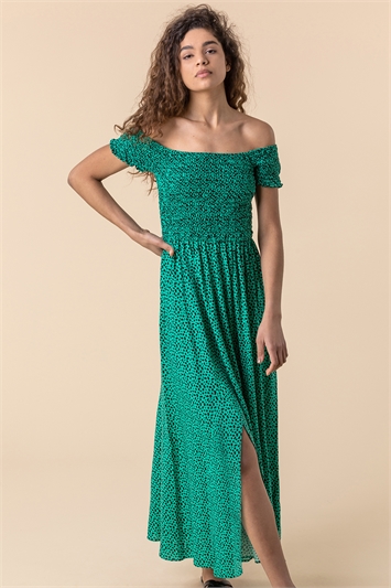 Green Shirred Spot Print Bardot Dress, Image 3 of 5