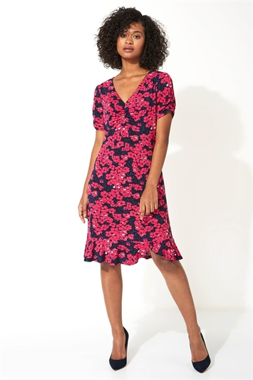 Fuchsia Floral Print Stretch Jersey Tea Dress, Image 2 of 5