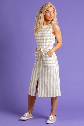 Stone Striped Belted Midi Dress