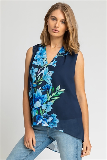 Blue Floral Print Dipped Hem Chiffon Vest Top