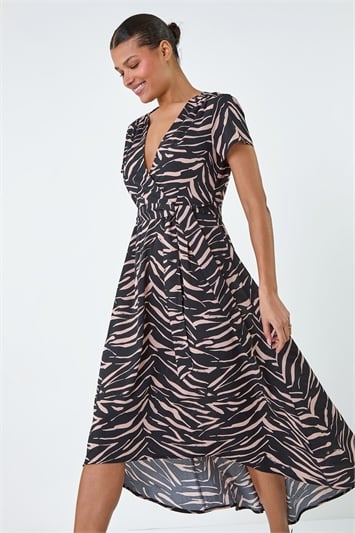 Black Animal Print Dipped Hem Asymmetric Dress