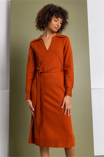 Rust Collared Belt Detail Knitted Dress, Image 5 of 5