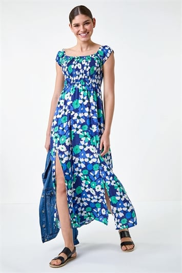 Blue Floral Shirred Bardot Maxi Dress