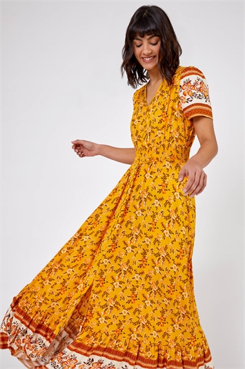 Yellow Floral Print Shirred Waist Maxi Dress