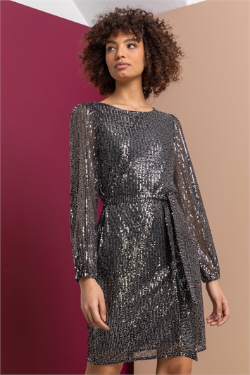 Silver Belted Sequin Sheer Sleeve Dress, Image 1 of 5