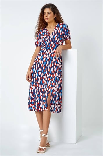 Red Abstract Spot Stretch Midi Dress