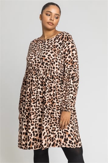 Brown Curve Leopard Print Smock Dress