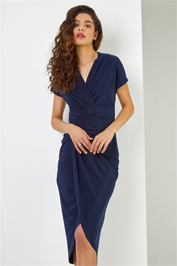 Blue Ruched Front Midi Wrap Dress