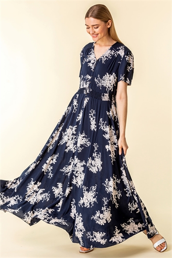 Navy Floral Print Shirred Waist Maxi Dress, Image 3 of 5