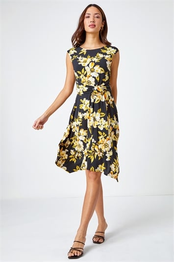 Yellow Textured Floral Print Tie Dress