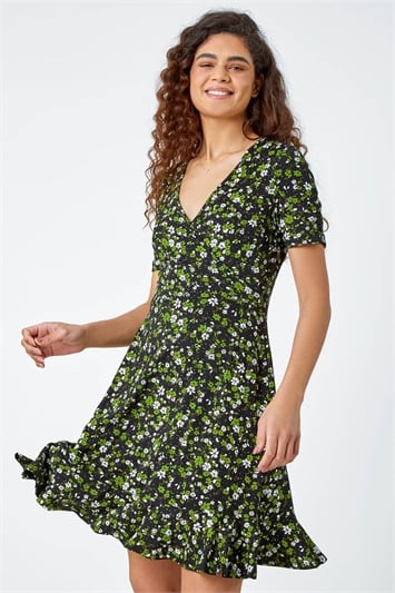 Green Floral Print Wrap Stretch Dress
