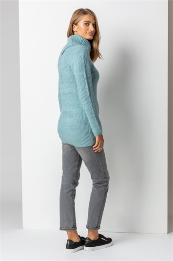 Steel Blue Cable Knit High Neck Jumper, Image 2 of 5