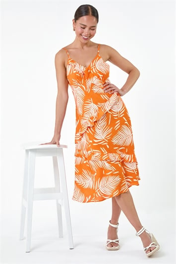 Orange Petite Leaf Print Frill Midi Dress