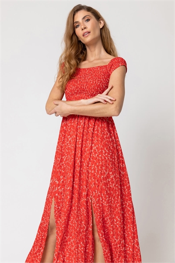 Red Shirred Ditsy Floral Print Bardot Dress