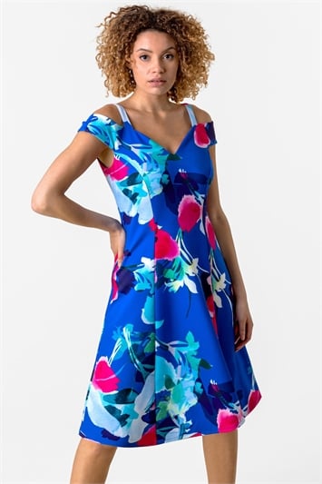 Royal Blue Cold Shoulder Floral Print Dress