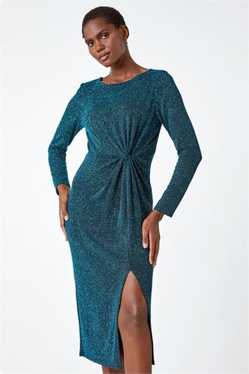 Blue Glitter Twist Detail Stretch Dress