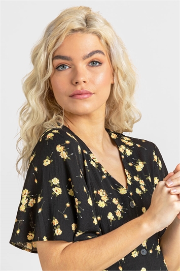 Black Floral Button Through Jersey Dress, Image 4 of 4