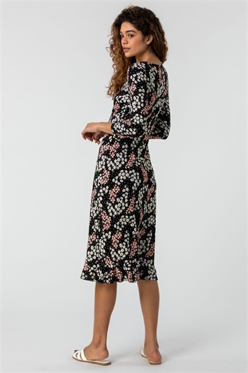 Pink Floral Sweet Heart Neck Midi Dress, Image 2 of 4