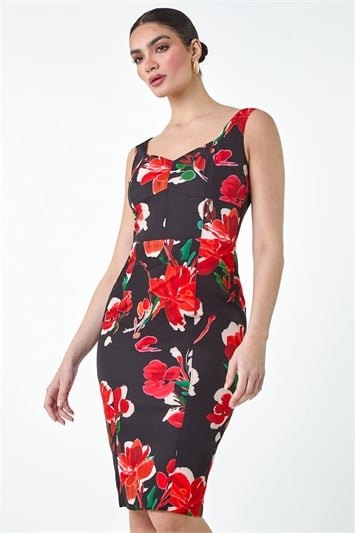 Red Floral Corset Detail Stretch Dress