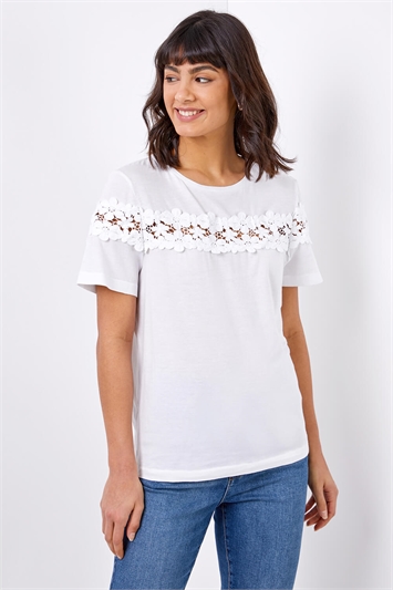 White Lace Detail Jersey T-Shirt