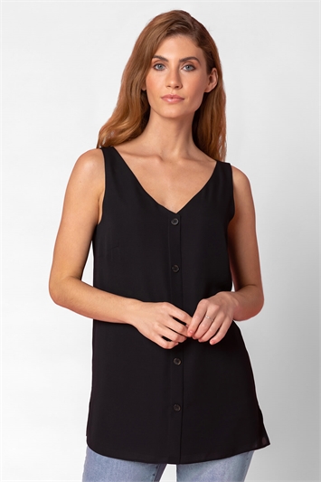 Black Button Front Sleeveless Top