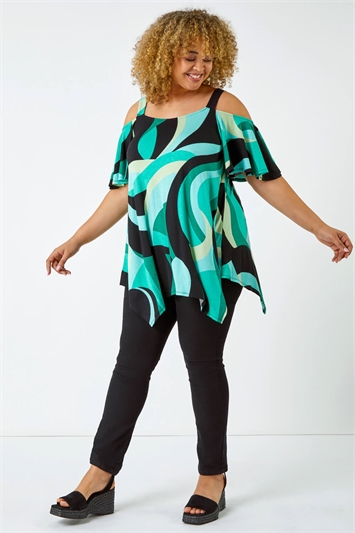 Green Curve Abstract Cold Shoulder Top