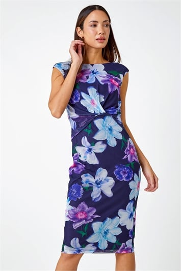 Blue Floral Print Twist Detail Stretch Dress