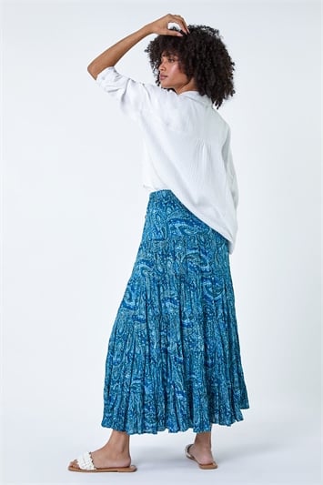 Blue Paisley Crinkle Cotton Tiered Maxi Skirt