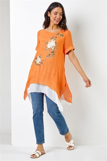 Orange Floral Print Asymmetric Tunic Top, Image 3 of 5