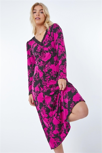 Multi Floral Print Lace Trim Midi Dress