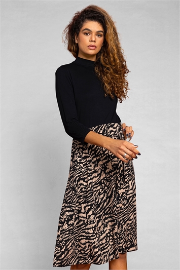 Black Tiger Print Fit And Flare Dress