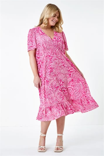 Pink Curve Paisley Tiered Frill Midi Dress
