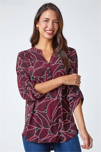 Red Textured Leaf Stretch Jersey Top