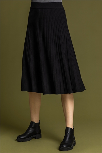 Black Ribbed Knit Pleated Midi Skirt