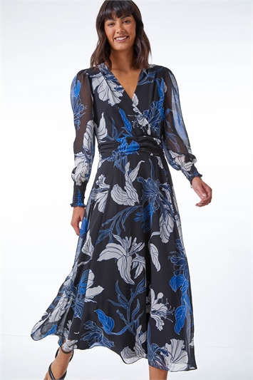 Blue Floral Print Chiffon Wrap Midi Dress