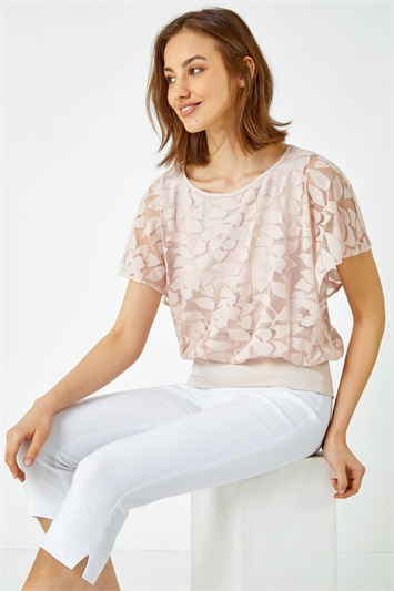 White Textured Floral Blouson Stretch Top