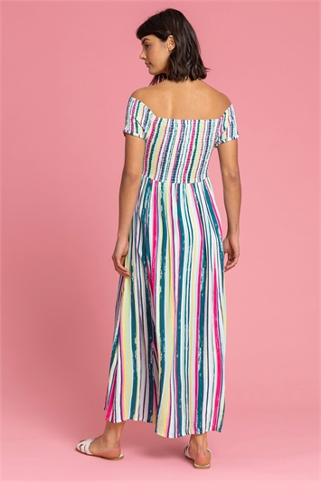 Multi Shirred Stripe Print Bardot Dress, Image 2 of 5