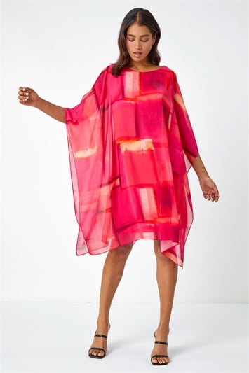 Pink Abstract Print Chiffon Overlay Dress
