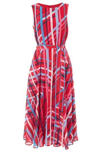 Stripe Print Fit and Flare Midi Dress in Red - Roman Originals UK