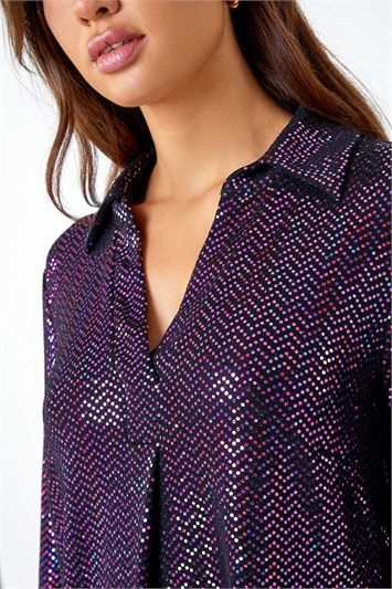 Purple Zig Zag Sequin Stretch Shirt Top