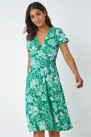 Green Floral Print Stretch Wrap Dress
