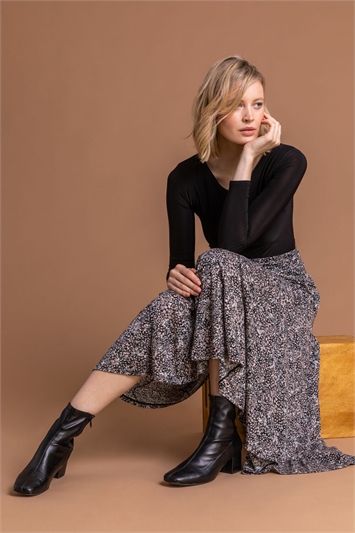 Grey Floral Print Burnout Midi Skirt, Image 4 of 4