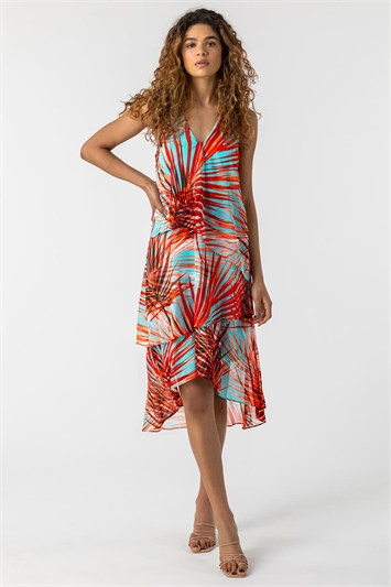 Turquoise Layered Chiffon Tropical Print Dress, Image 3 of 5