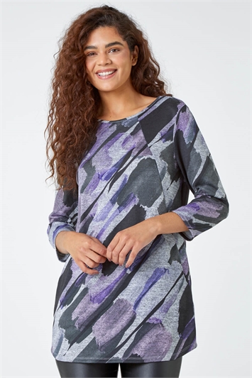 Purple Abstract Print Pocket Detail Tunic Top