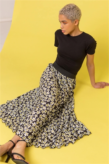 Black Daisy Floral Print Pleated Skirt, Image 1 of 4