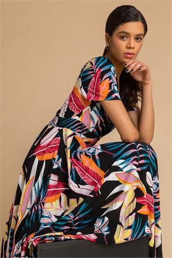 Black Tropical Palm Shirred Waist Maxi Dress, Image 5 of 5