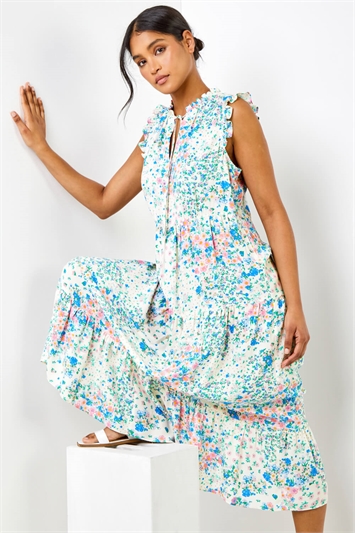 Ivory Ditsy Floral Print Frill Detail Maxi Dress, Image 6 of 6