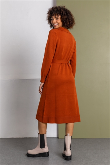 Rust Collared Belt Detail Knitted Dress, Image 2 of 5