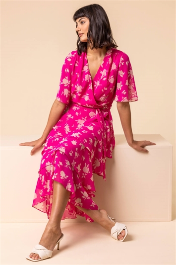 Pink Floral Print Tiered Frill Midi Dress, Image 5 of 5