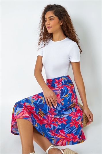 Blue Tropical Floral Stretch Panel A Line Skirt